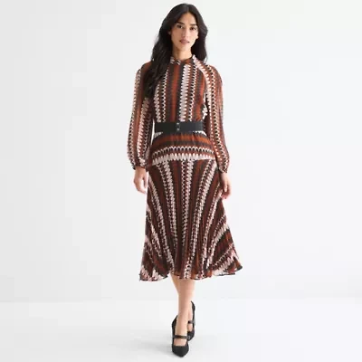 Melonie T Womens Long Sleeve Geometric Midi Fit + Flare Dress