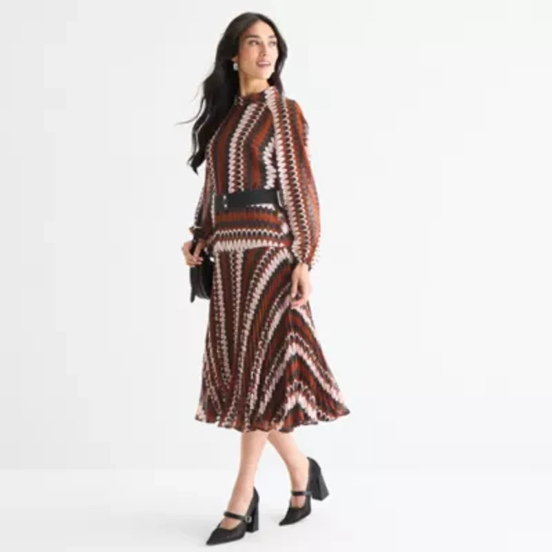 Melonie T Womens Long Sleeve Geometric Midi Fit + Flare Dress