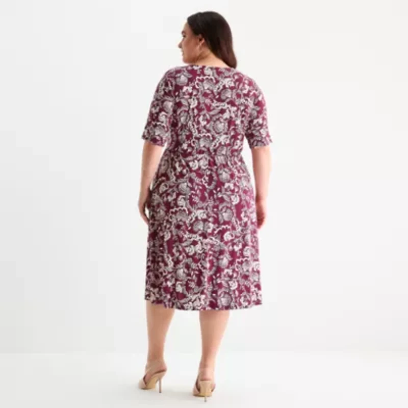 London Times Womens 3/4 Sleeve Leaf Plus Fit + Flare Dress
