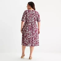 London Times Womens 3/4 Sleeve Leaf Plus Fit + Flare Dress