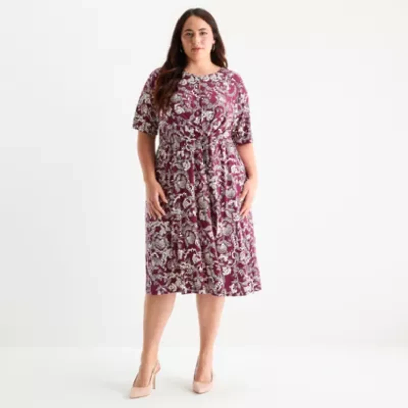 London Times Womens 3/4 Sleeve Leaf Plus Fit + Flare Dress