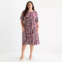 London Times Womens 3/4 Sleeve Leaf Plus Fit + Flare Dress