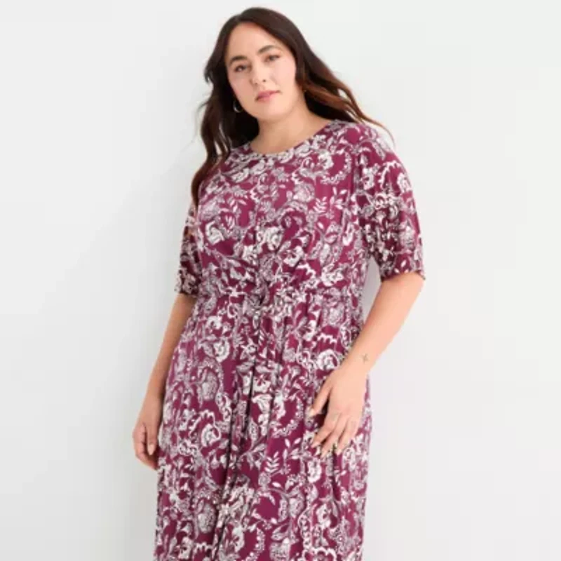 London Times Womens 3/4 Sleeve Leaf Plus Fit + Flare Dress