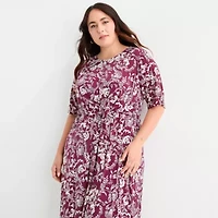 London Times Womens 3/4 Sleeve Leaf Plus Fit + Flare Dress