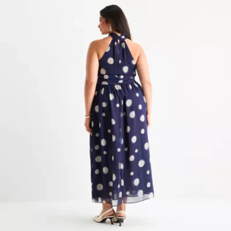 Worthington Womens Sleeveless Polka Dot Maxi Dress Plus