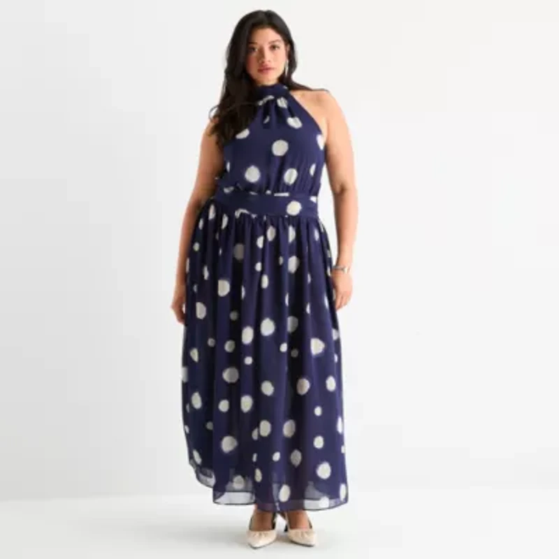 Worthington Womens Sleeveless Polka Dot Maxi Dress Plus