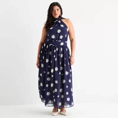 Worthington Womens Sleeveless Polka Dot Maxi Dress Plus