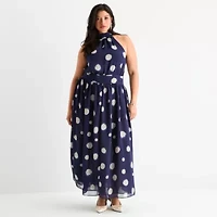 Worthington Womens Sleeveless Polka Dot Maxi Dress Plus
