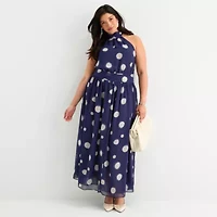 Worthington Womens Sleeveless Polka Dot Maxi Dress Plus