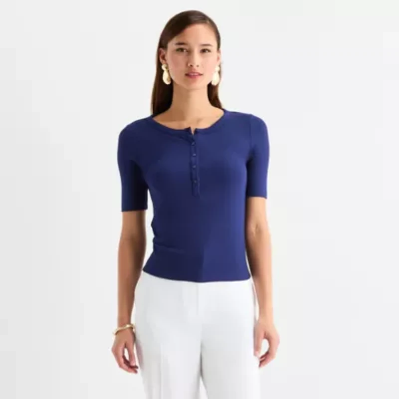 Worthington Womens Elbow Sleeve Regular Fit Henley Shirt