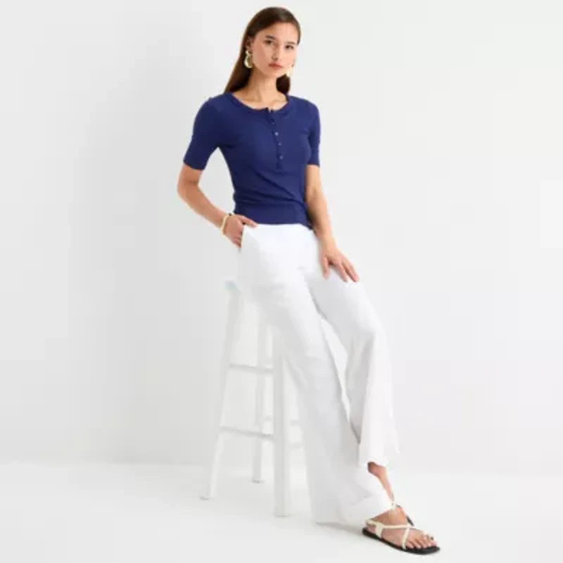 Worthington Womens Elbow Sleeve Regular Fit Henley Shirt