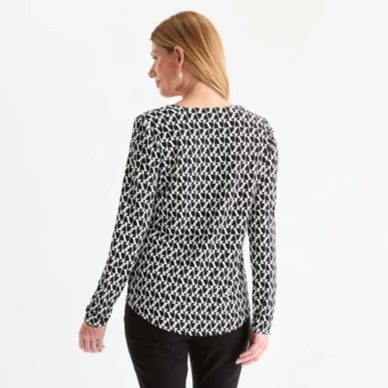 Liz Claiborne Womens Split Crew Neck Long Sleeve Blouse