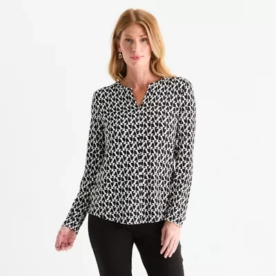 Liz Claiborne Womens Split Crew Neck Long Sleeve Blouse