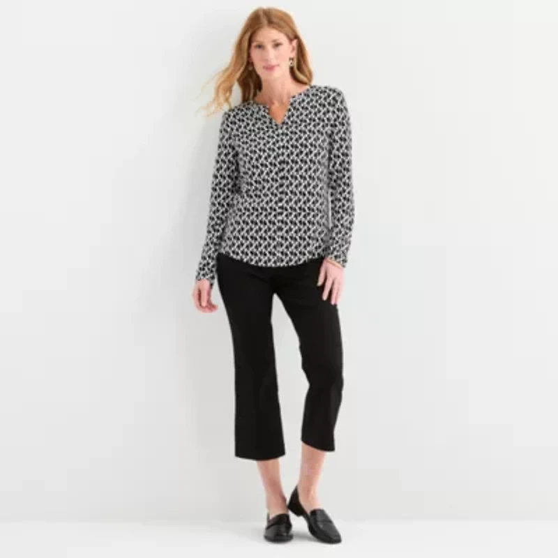 Liz Claiborne Womens Split Crew Neck Long Sleeve Blouse