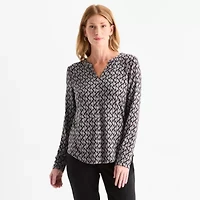 Liz Claiborne Womens Split Crew Neck Long Sleeve Blouse