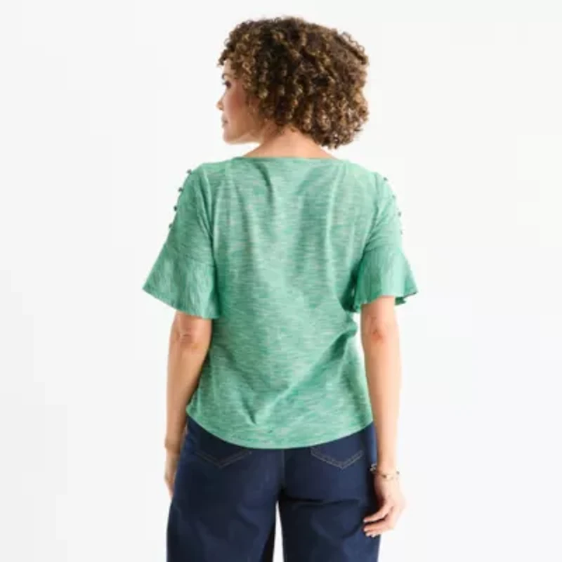 Liz Claiborne Womens Boat Neck Elbow Sleeve Blouse