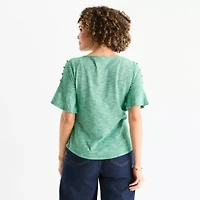 Liz Claiborne Womens Boat Neck Elbow Sleeve Blouse