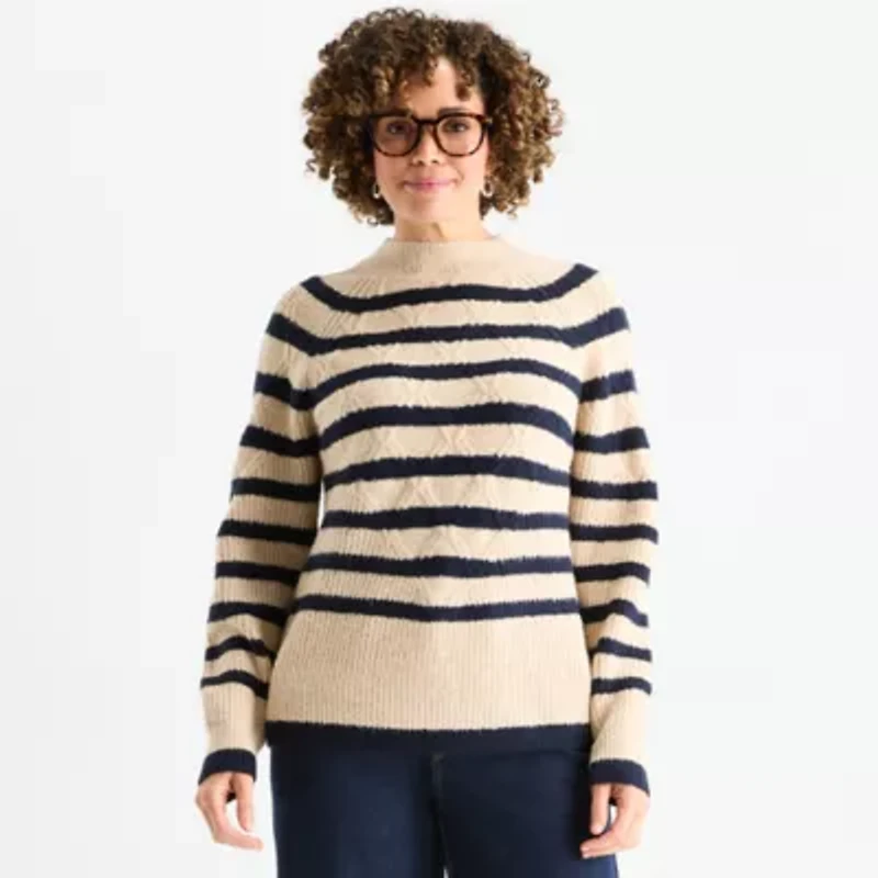 Liz Claiborne Womens Crew Neck Long Sleeve Striped Pullover Sweater