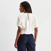 Worthington Womens Round Neck Short Sleeve Blouse