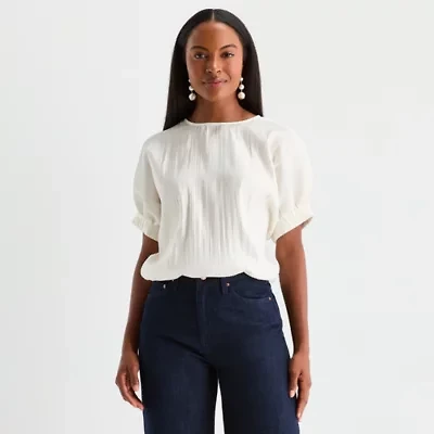 Worthington Womens Round Neck Short Sleeve Blouse