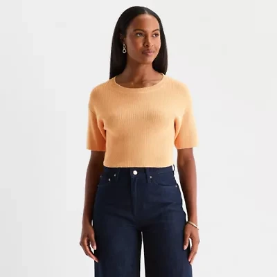 Worthington Womens Crew Neck Elbow Sleeve Pullover Sweater