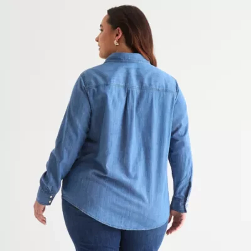 St. John's Bay Womens Plus Cuffed Long Sleeve Regular Fit Button-Down Shirt