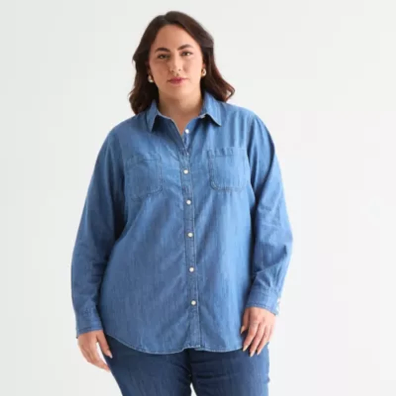 St. John's Bay Womens Plus Cuffed Long Sleeve Regular Fit Button-Down Shirt