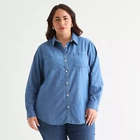 St. John's Bay Womens Plus Cuffed Long Sleeve Regular Fit Button-Down Shirt