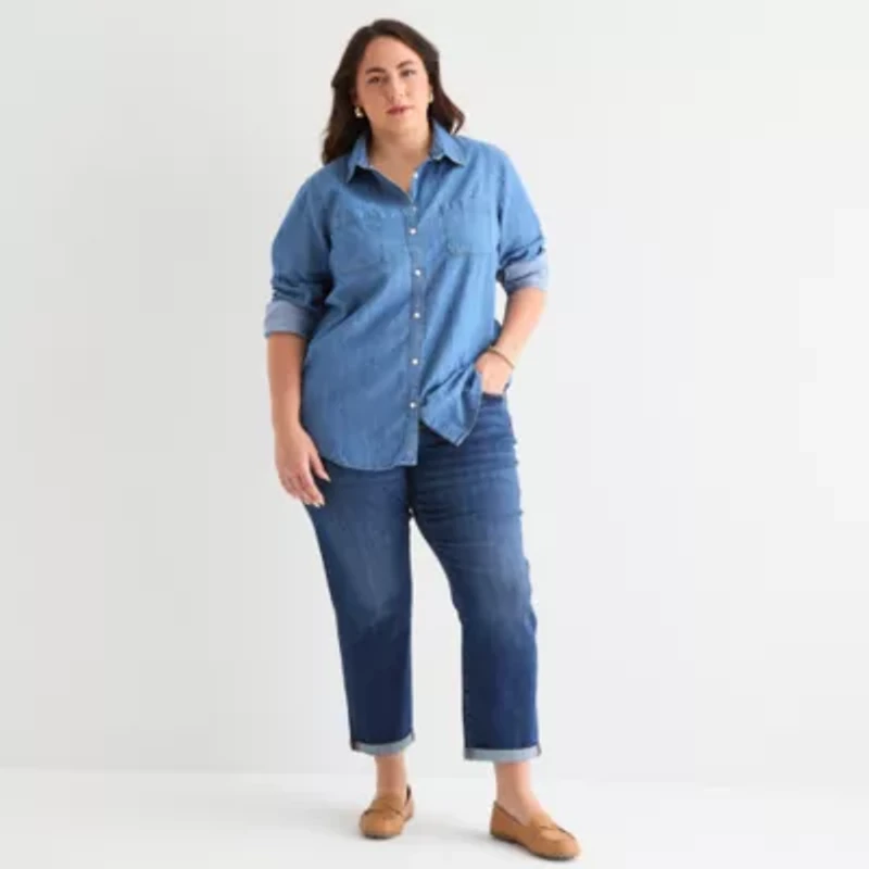 St. John's Bay Womens Plus Cuffed Long Sleeve Regular Fit Button-Down Shirt