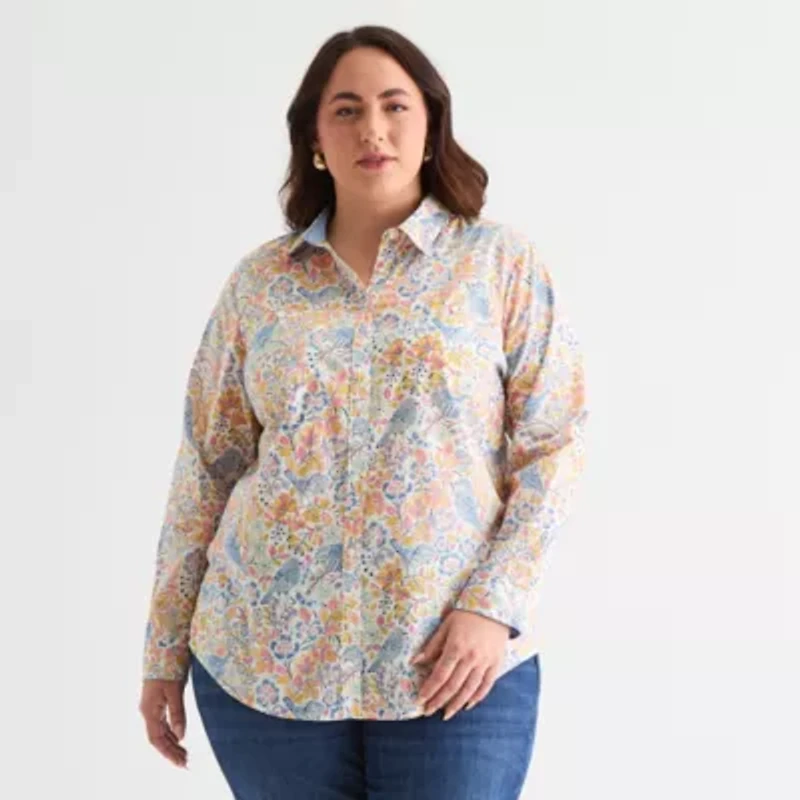 St. John's Bay Womens Plus Long Sleeve Cuffed Regular Fit Button-Down Shirt