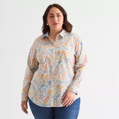 St. John's Bay Womens Plus Long Sleeve Cuffed Regular Fit Button-Down Shirt