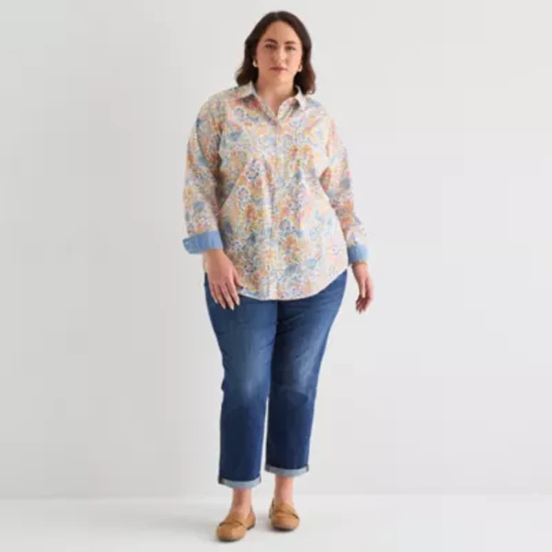 St. John's Bay Womens Plus Long Sleeve Cuffed Regular Fit Button-Down Shirt