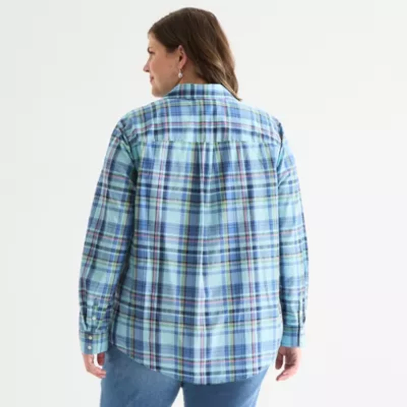 St. John's Bay Womens Long Sleeve Cuffed Regular Fit Plus Button-Down Shirt