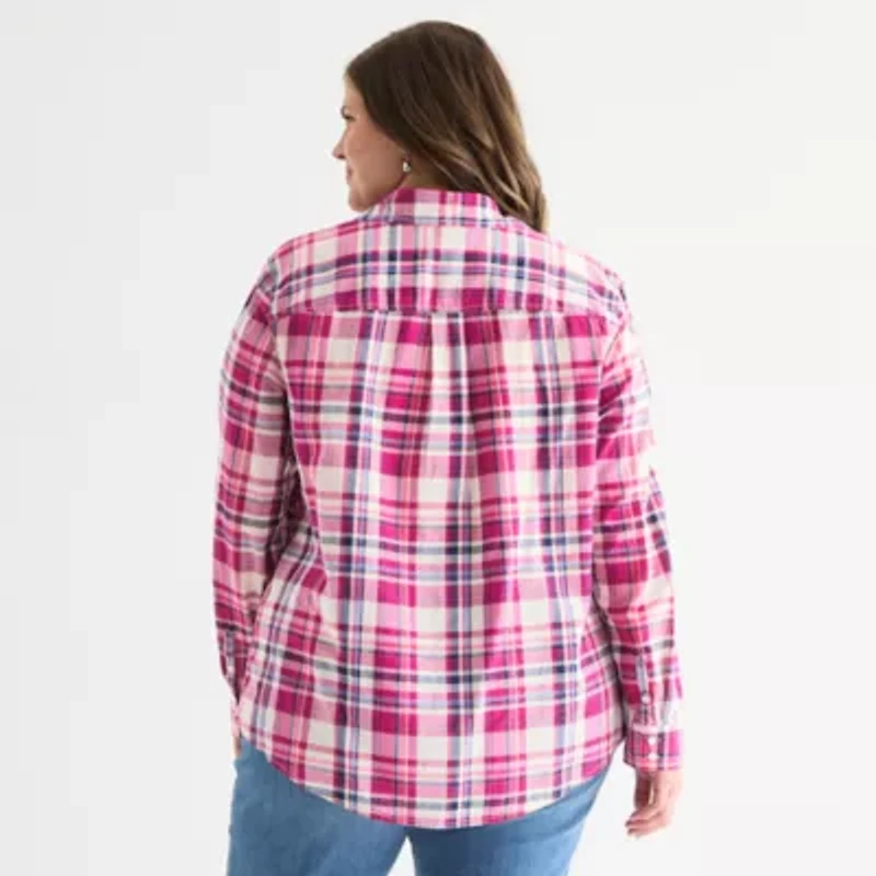 St. John's Bay Womens Plus Cuffed Long Sleeve Regular Fit Button-Down Shirt