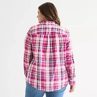 St. John's Bay Womens Plus Cuffed Long Sleeve Regular Fit Button-Down Shirt