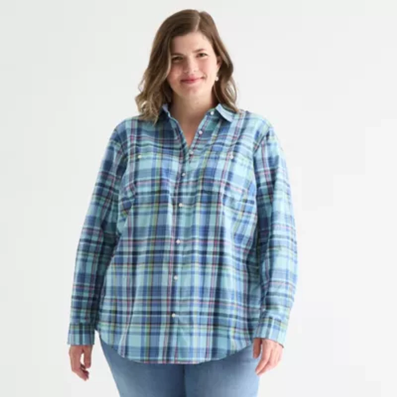 St. John's Bay Womens Long Sleeve Cuffed Regular Fit Plus Button-Down Shirt