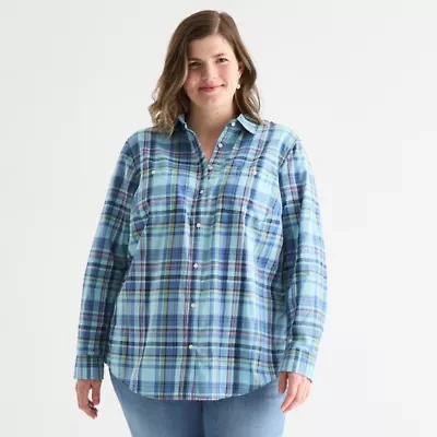 St. John's Bay Womens Long Sleeve Cuffed Regular Fit Plus Button-Down Shirt