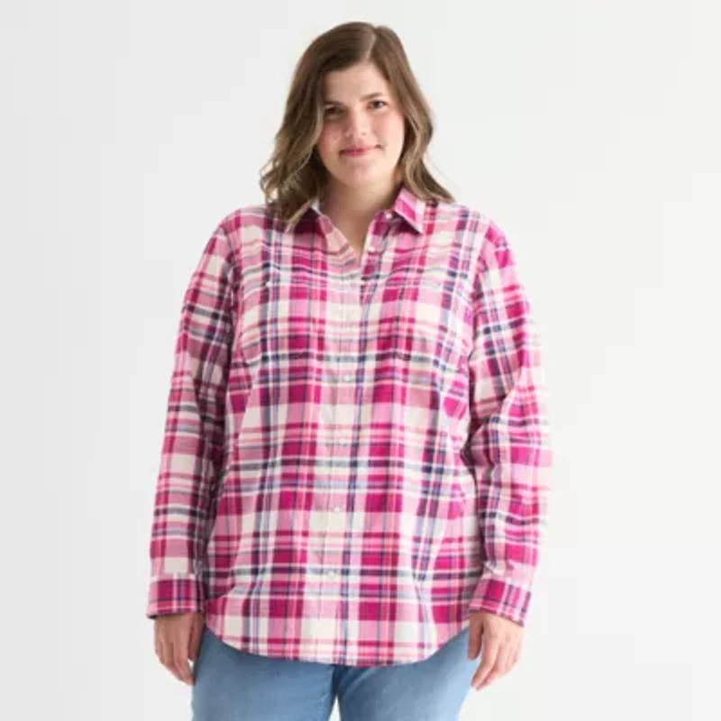 St. John's Bay Womens Plus Cuffed Long Sleeve Regular Fit Button-Down Shirt