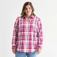 St. John's Bay Womens Plus Cuffed Long Sleeve Regular Fit Button-Down Shirt