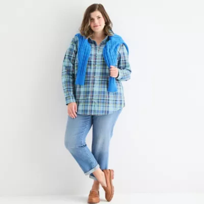 St. John's Bay Womens Long Sleeve Cuffed Regular Fit Plus Button-Down Shirt