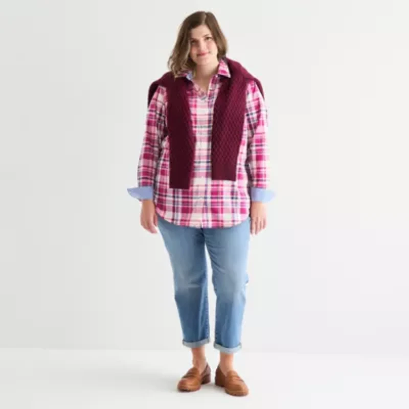 St. John's Bay Womens Plus Cuffed Long Sleeve Regular Fit Button-Down Shirt