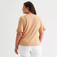 Liz Claiborne Womens Plus Boat Neck Elbow Sleeve Blouse