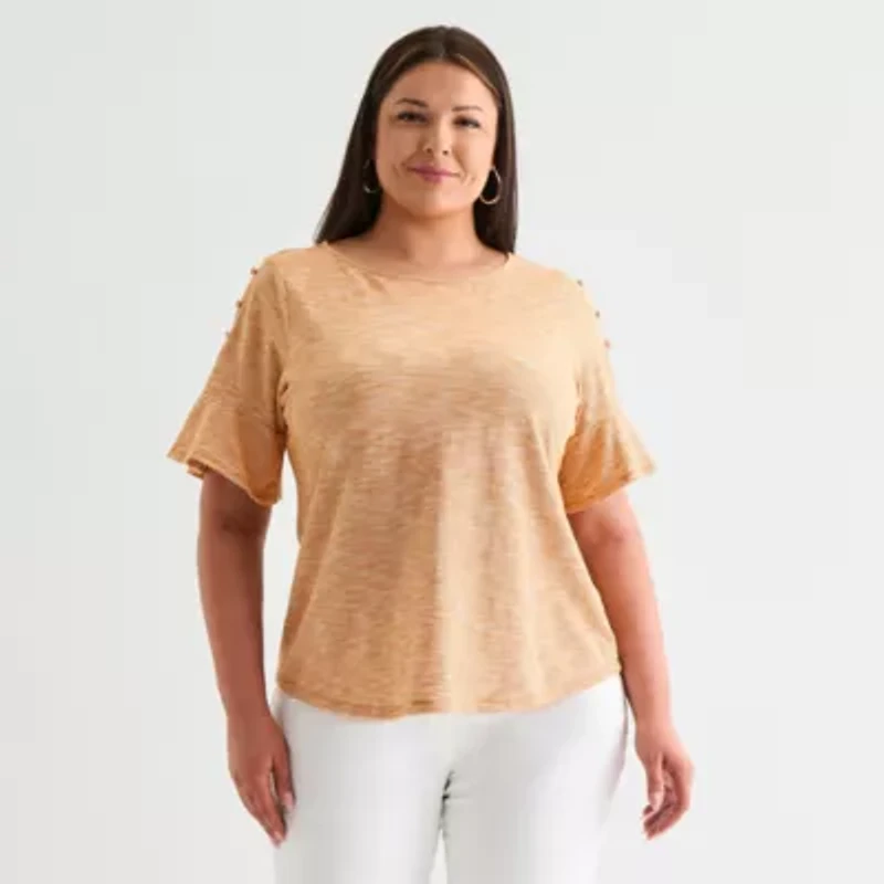 Liz Claiborne Womens Plus Boat Neck Elbow Sleeve Blouse