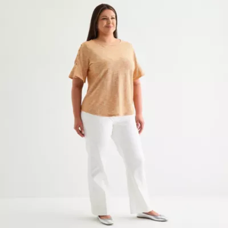Liz Claiborne Womens Plus Boat Neck Elbow Sleeve Blouse