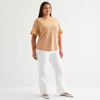 Liz Claiborne Womens Plus Boat Neck Elbow Sleeve Blouse