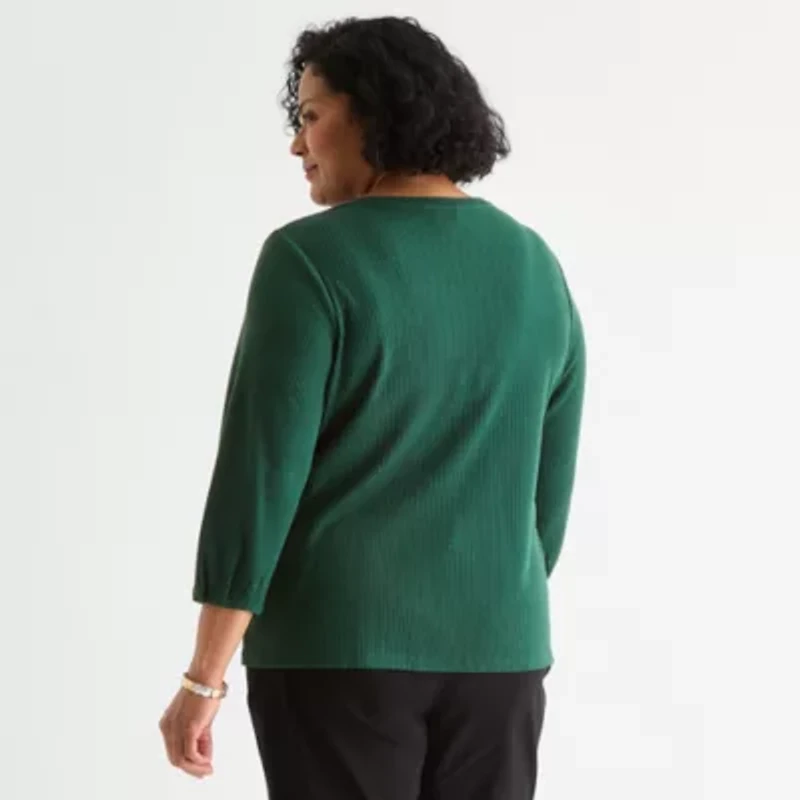 Liz Claiborne Womens Plus Crew Neck 3/4 Sleeve Blouse