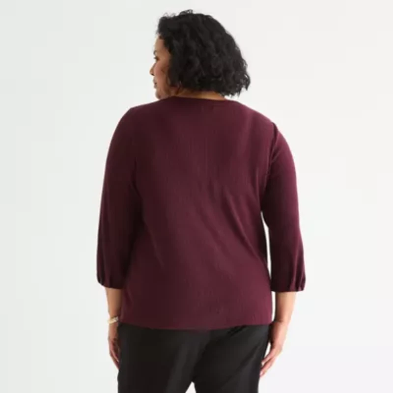 Liz Claiborne Womens Plus Crew Neck 3/4 Sleeve Blouse
