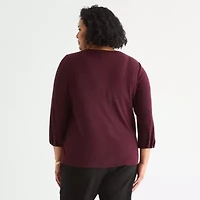 Liz Claiborne Womens Plus Crew Neck 3/4 Sleeve Blouse