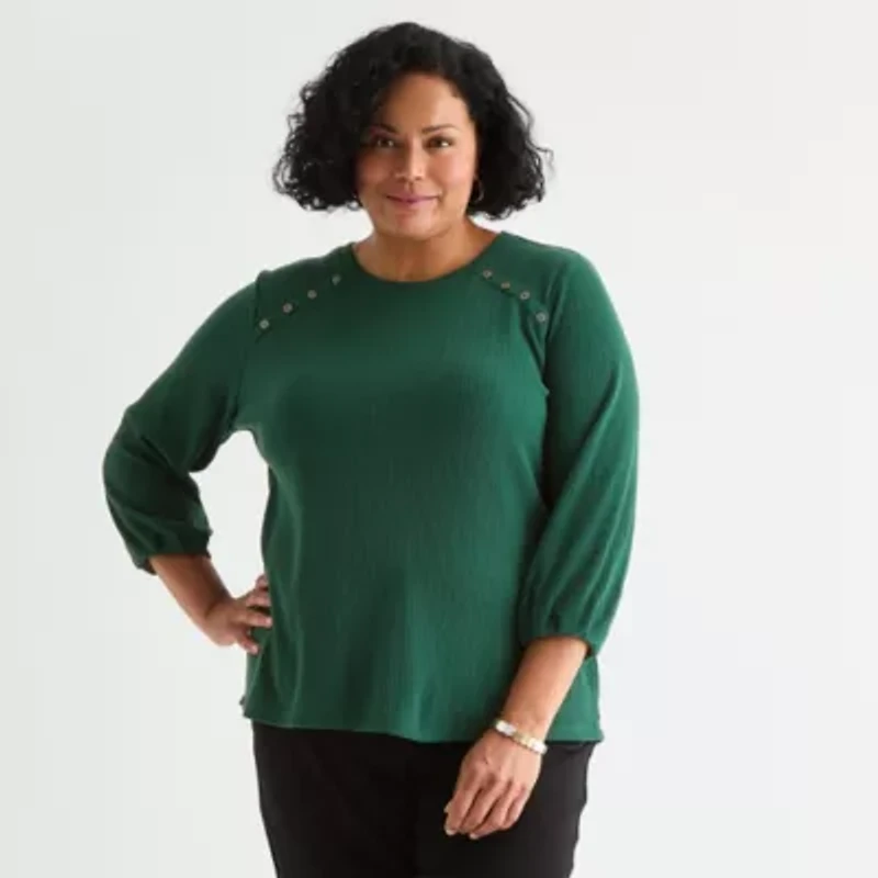 Liz Claiborne Womens Plus Crew Neck 3/4 Sleeve Blouse