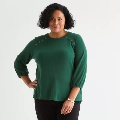 Liz Claiborne Womens Plus Crew Neck 3/4 Sleeve Blouse